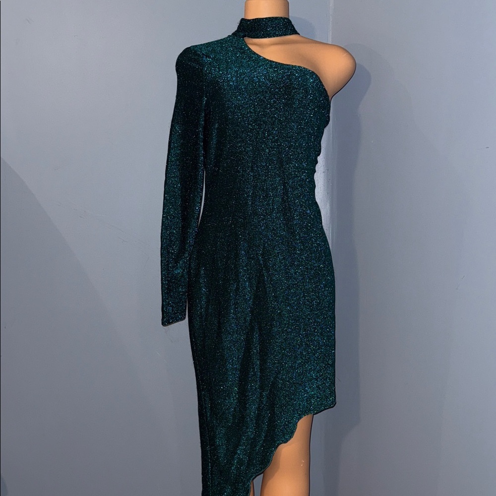 Curvy Sense Teal Shimmer One-Shoulder Asymmetrical Dress | Size 1X